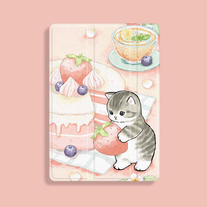 Cute Kawaii iPad Cases with Shockproof Protection: light green, white cartoon cat with strawberries and dessert-themed illust