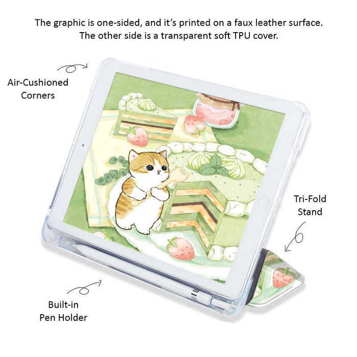 Cute Kawaii iPad Cases with Shockproof Protection: light green, white cartoon cat with strawberries and dessert-themed illust