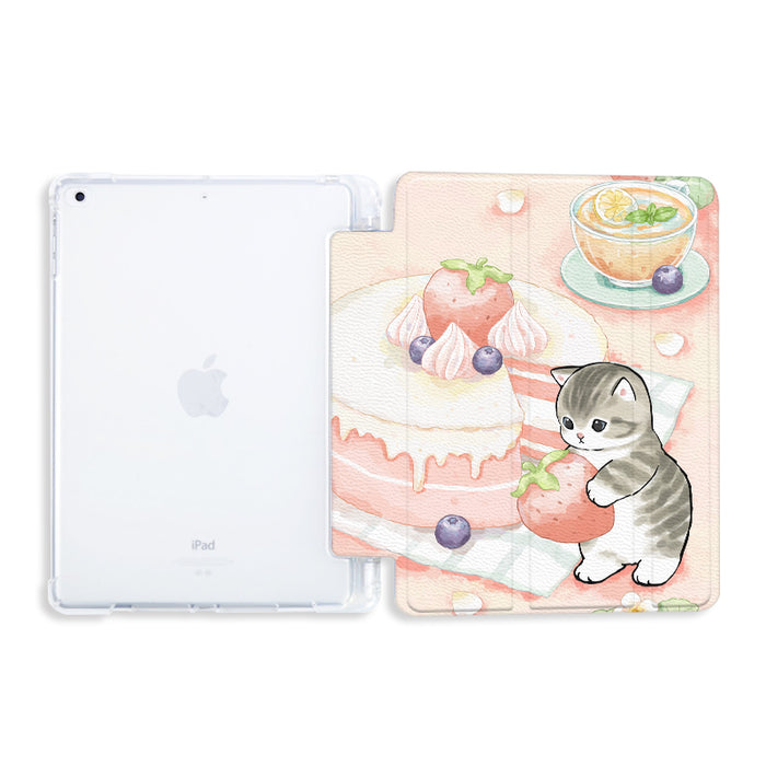 Cute Kawaii iPad Cases with Shockproof Protection: light green, white cartoon cat with strawberries and dessert-themed illust