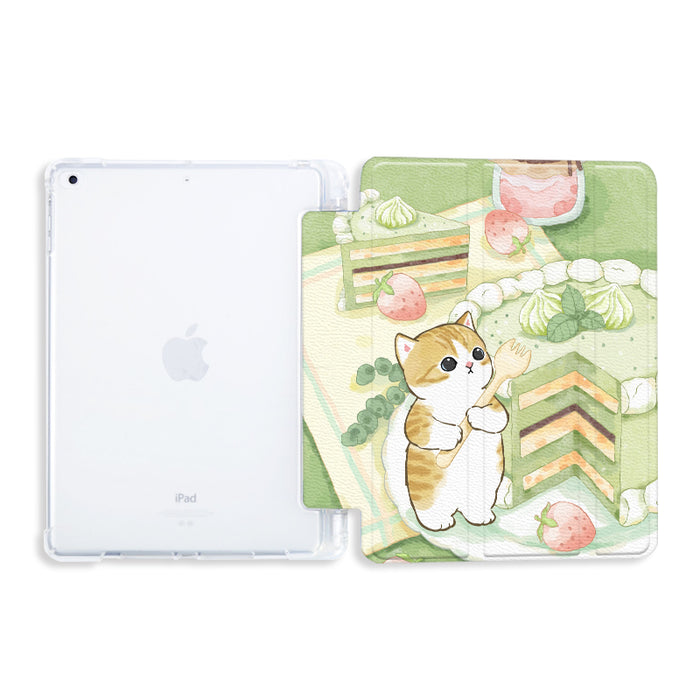Cute Kawaii iPad Cases with Shockproof Protection: light green, white cartoon cat with strawberries and dessert-themed illust