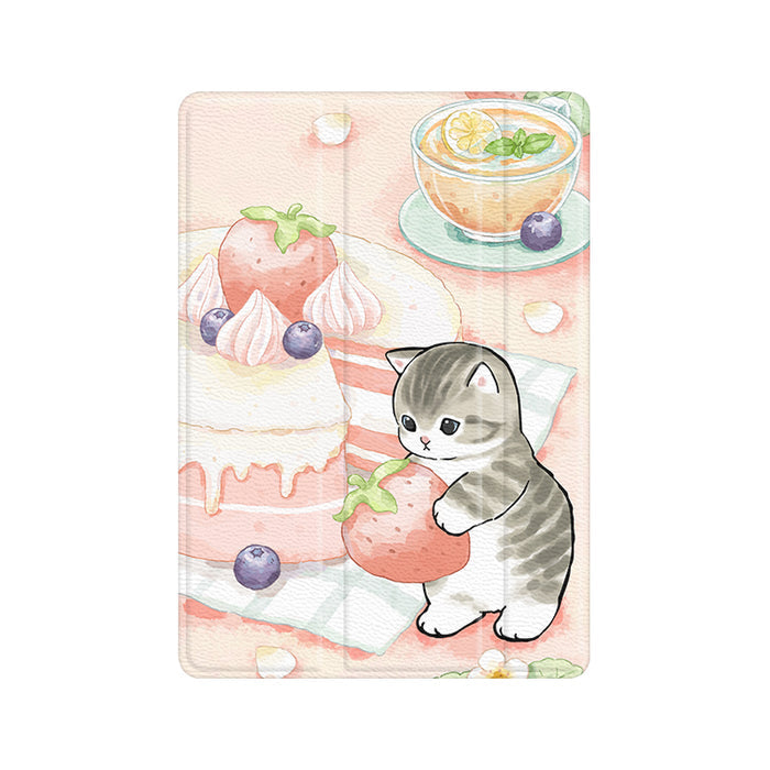 Cute Kawaii iPad Cases with Shockproof Protection: light green, white cartoon cat with strawberries and dessert-themed illust