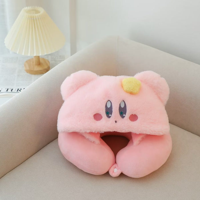 Cute Kirby Pillow and Scarf Set: pastel pink, yellow pink cartoon character with a yellow star on its head, kawaii cartoon st