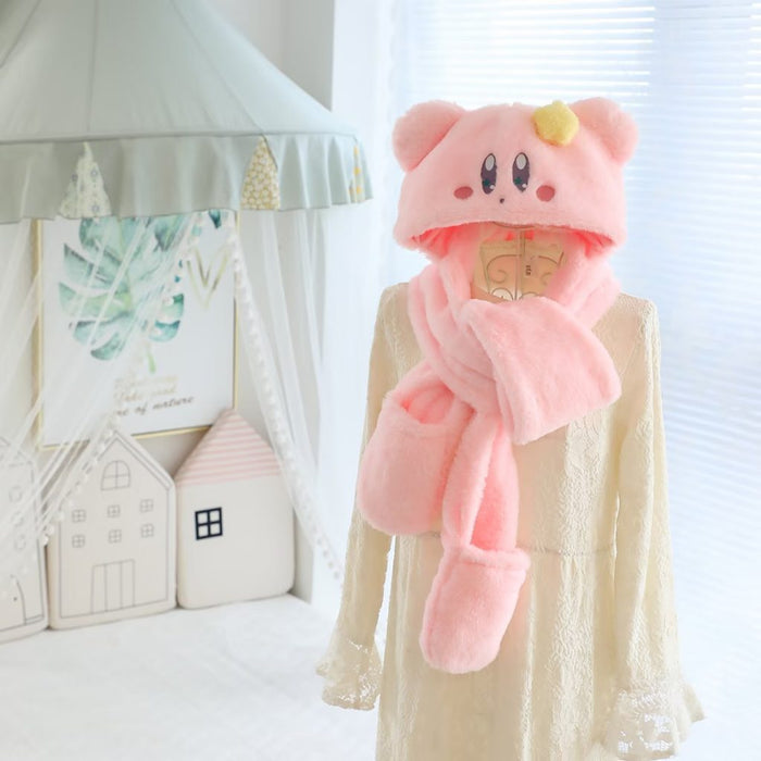 Cute Kirby Pillow and Scarf Set: pastel pink, yellow pink cartoon character with a yellow star on its head, kawaii cartoon st