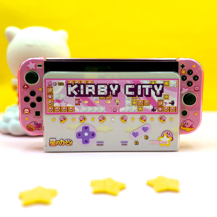 Cute Kirby Switch OLED Case with Protection: pink, blue Kirby, colorful cartoon kawaii style