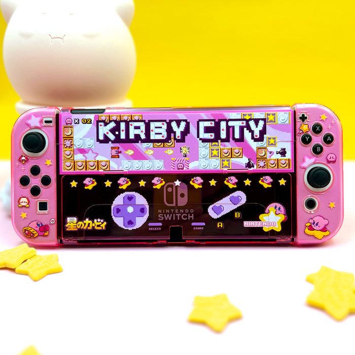 Cute Kirby Switch OLED Case with Protection: pink, blue Kirby, colorful cartoon kawaii style