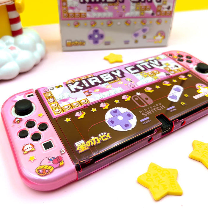 Cute Kirby Switch OLED Case with Protection: pink, blue Kirby, colorful cartoon kawaii style