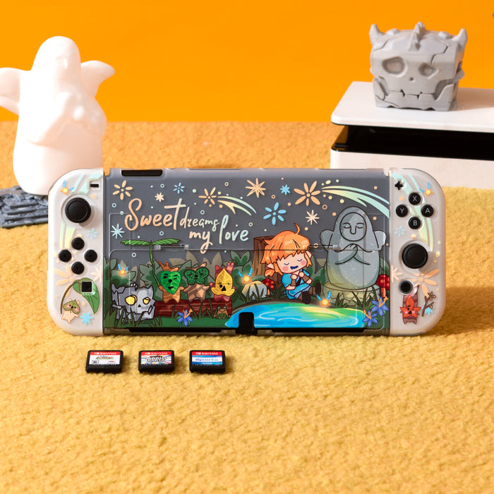 Cute Link Switch OLED Case with Koroks: white, gray cartoon fantasy characters and nature scene, kawaii cartoon style