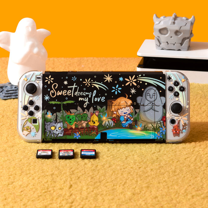 Cute Link Switch OLED Case with Koroks: white, gray cartoon fantasy characters and nature scene, kawaii cartoon style