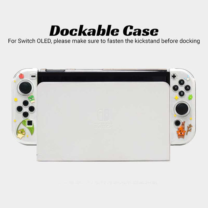 Cute Link Switch OLED Case with Koroks: white, gray cartoon fantasy characters and nature scene, kawaii cartoon style