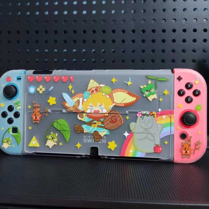 Cute Link Switch OLED Case with Koroks: white, gray cartoon fantasy characters and nature scene, kawaii cartoon style