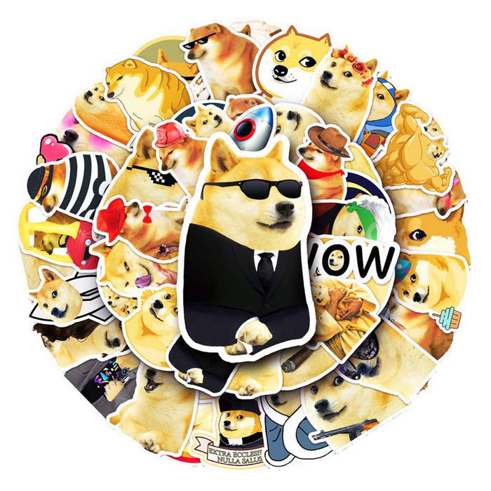 Cute Meme Dog Stickers for Customization: yellow, tan Doge/Shiba Inu dog character, kawaii cartoon meme collage style