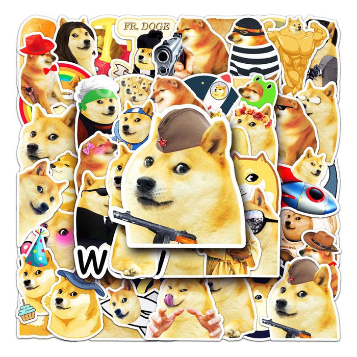 Cute Meme Dog Stickers for Customization: yellow, tan Doge/Shiba Inu dog character, kawaii cartoon meme collage style