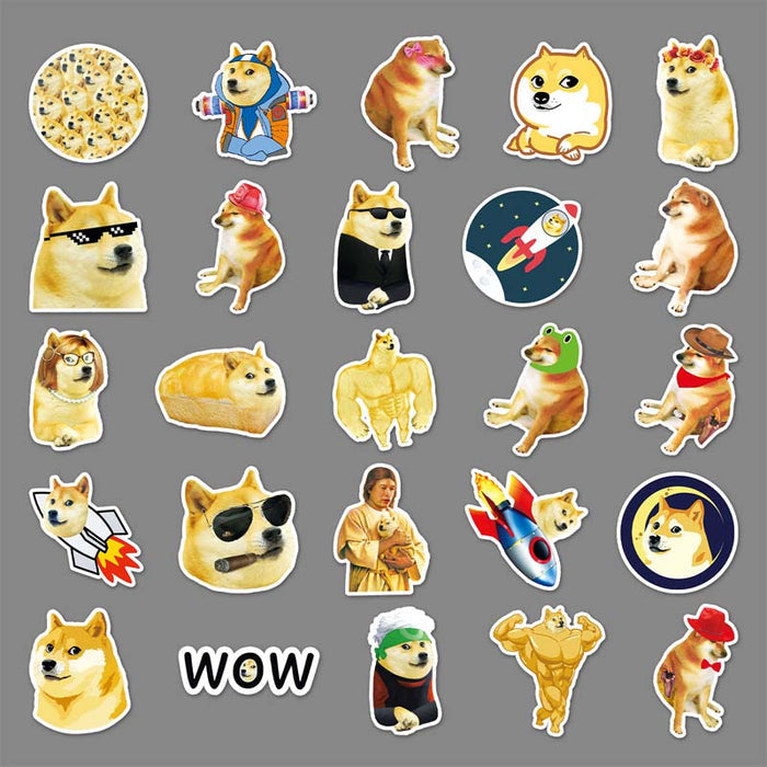 Cute Meme Dog Stickers for Customization: yellow, tan Doge/Shiba Inu dog character, kawaii cartoon meme collage style