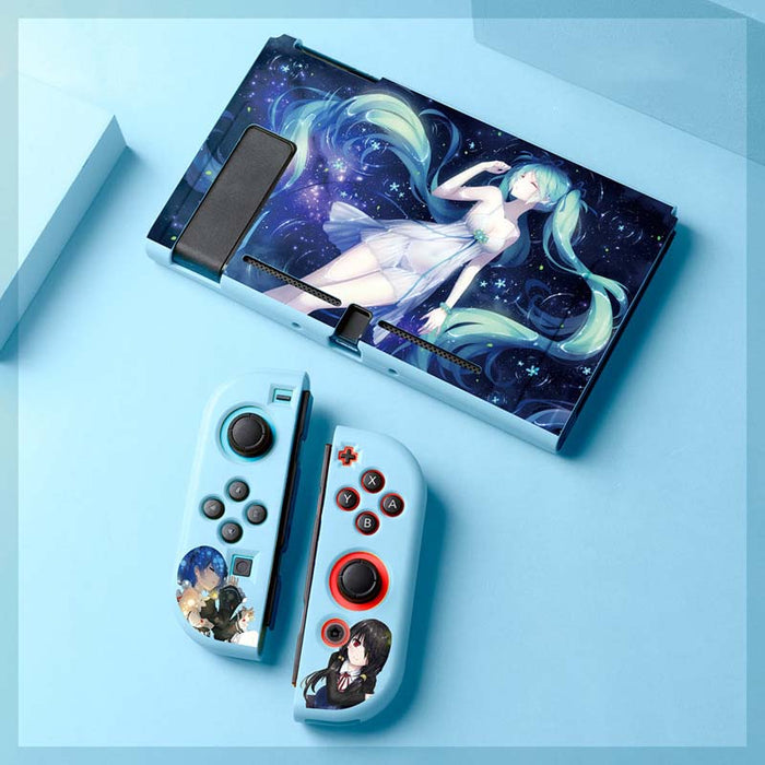 Cute Miku Switch case with precision: light blue, dark blue anime-style female character, anime, colorful, decorative style