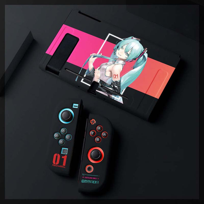 Cute Miku Switch case with precision: light blue, dark blue anime-style female character, anime, colorful, decorative style