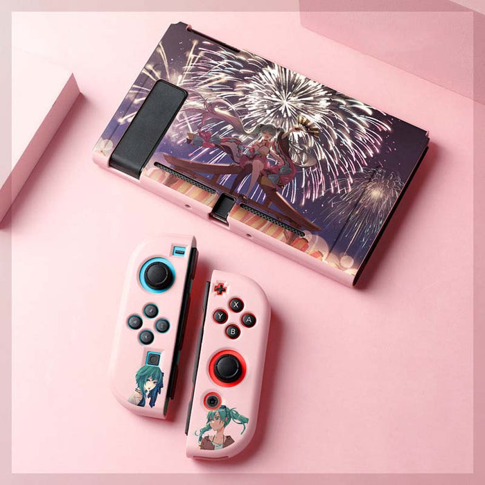 Cute Miku Switch case with precision: light blue, dark blue anime-style female character, anime, colorful, decorative style
