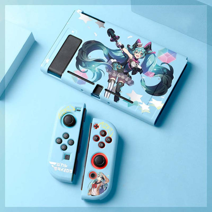 Cute Miku Switch case with precision: light blue, dark blue anime-style female character, anime, colorful, decorative style