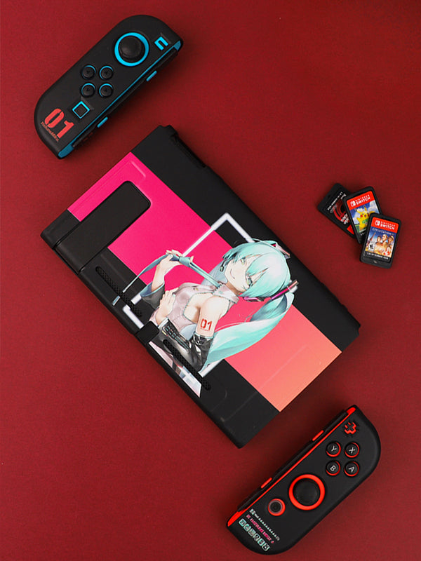 Cute Miku Switch case with precision: light blue, dark blue anime-style female character, anime, colorful, decorative style