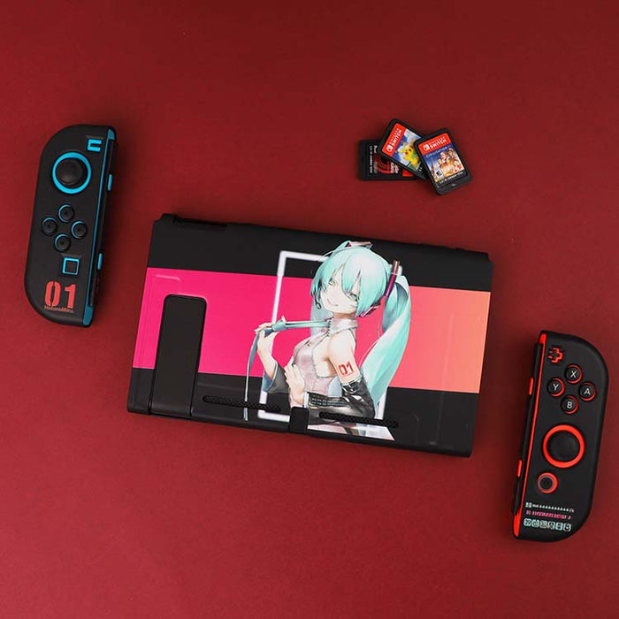Cute Miku Switch case with precision: light blue, dark blue anime-style female character, anime, colorful, decorative style
