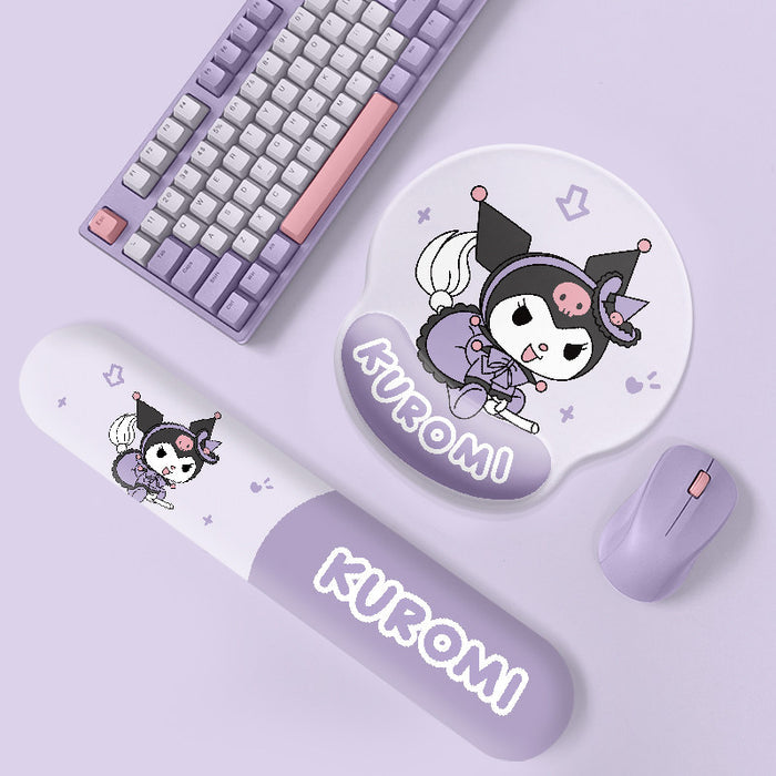 Cute Mouse Pad & Purple Keyboard Wrist Rest: lavender, purple Kuromi character, kawaii cartoon style