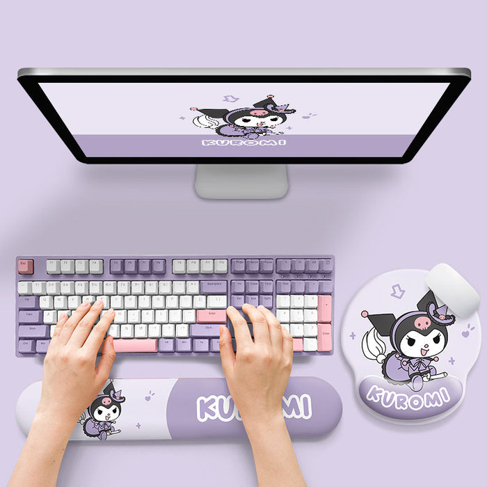 Cute Mouse Pad & Purple Keyboard Wrist Rest: lavender, purple Kuromi character, kawaii cartoon style
