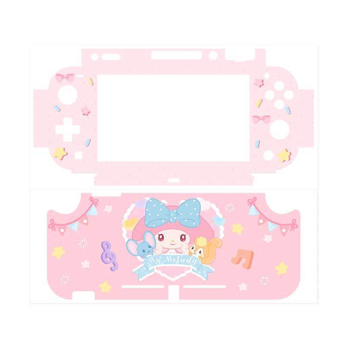 Cute Nintendo Switch Lite Vinyl Skin: pink, white cartoon bunny-like character with blue bow, kawaii cartoon style