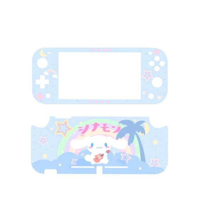 Cute Nintendo Switch Lite Vinyl Skin: pink, white cartoon bunny-like character with blue bow, kawaii cartoon style