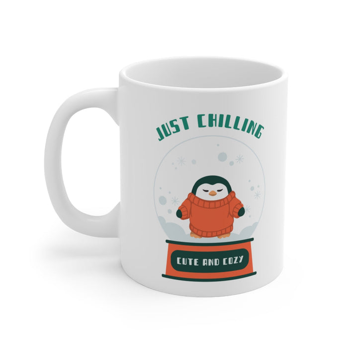 Cute Penguin Chill Mug: white, dark green penguin, cute cartoon style
