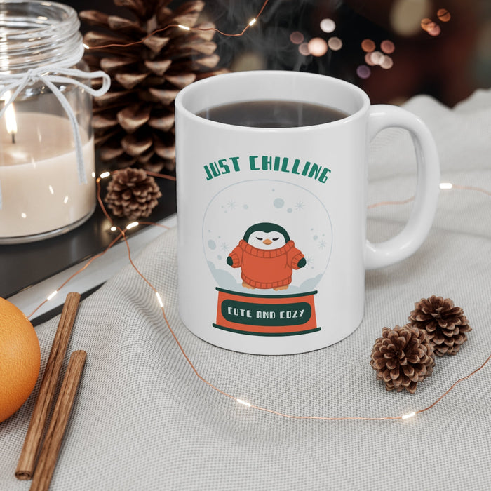 Cute Penguin Chill Mug: white, dark green penguin, cute cartoon style
