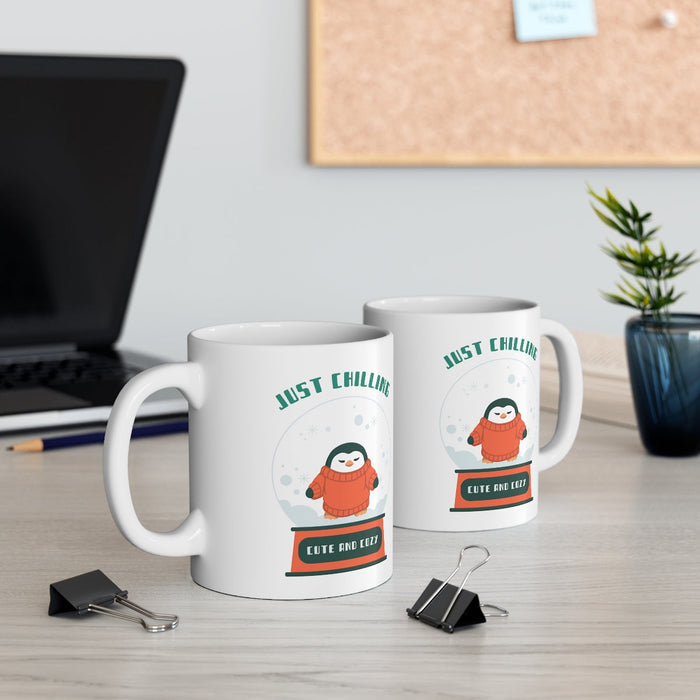 Cute Penguin Chill Mug: white, dark green penguin, cute cartoon style