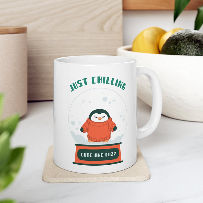 Cute Penguin Chill Mug: white, dark green penguin, cute cartoon style