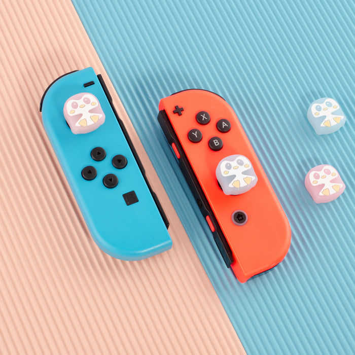 Cute Penguin Joystick Caps for Switch: turquoise, coral orange pastel mushroom design, kawaii cartoon style