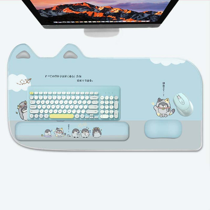 Cute Penguin Mouse Mat with Wrist Rests: light blue rounded rectangular cushion or pillow, minimal style