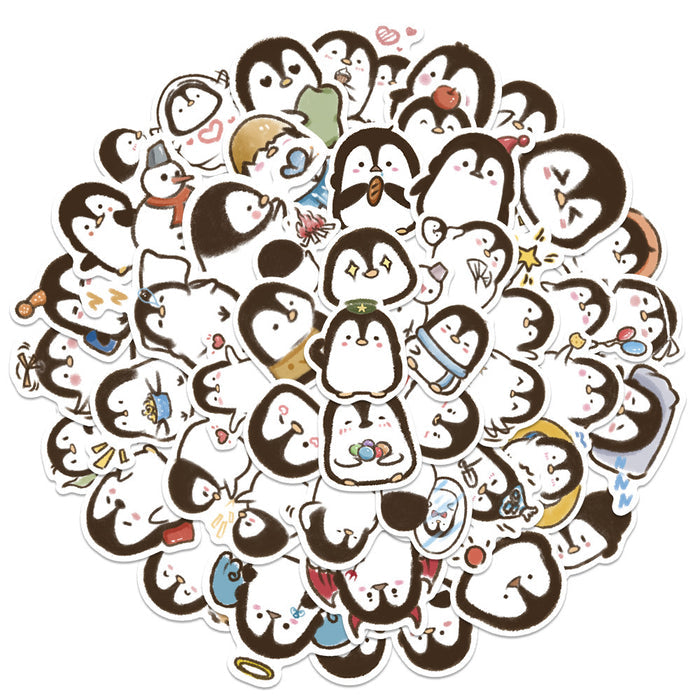 Cute Penguin Stickers for Personalization: white, dark brown cartoon penguins, kawaii cartoon style
