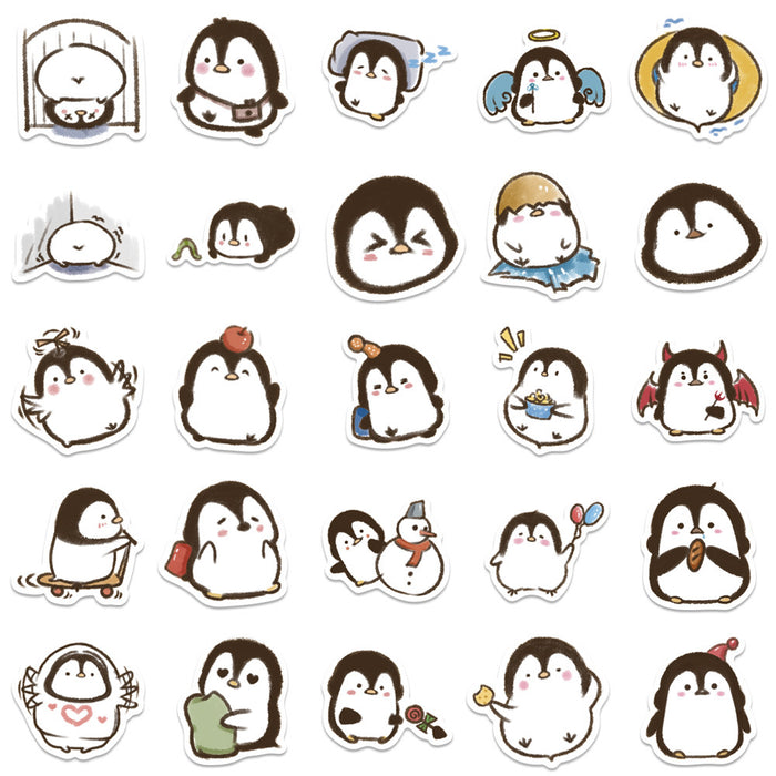 Cute Penguin Stickers for Personalization: white, dark brown cartoon penguins, kawaii cartoon style