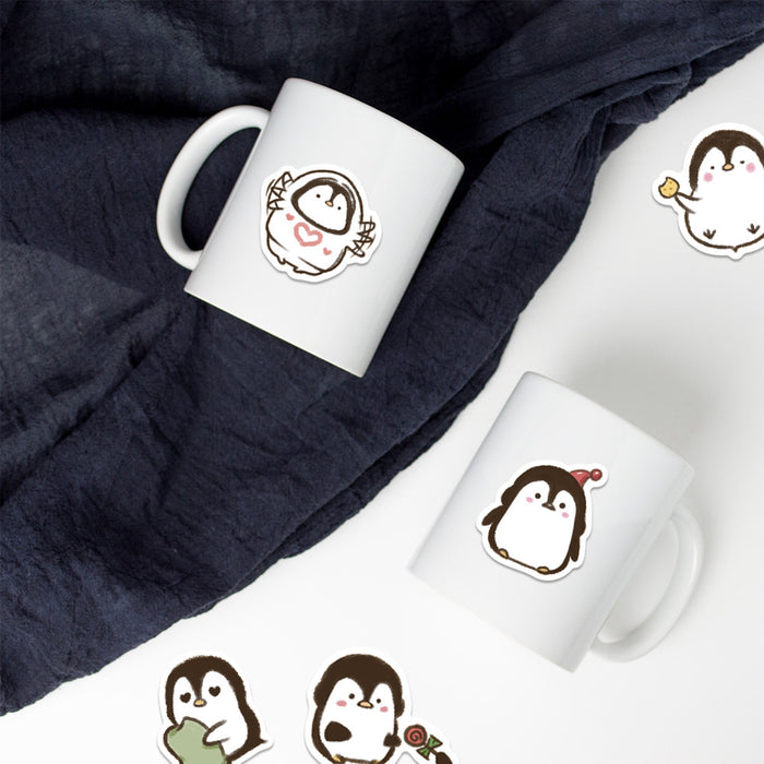 Cute Penguin Stickers for Personalization: white, dark brown cartoon penguins, kawaii cartoon style