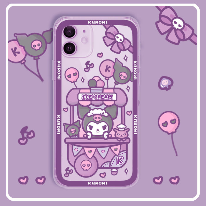 Cute Phone Case with Shock Protection: purple, lavender Kuromi character with ice cream stand theme, kawaii cartoon style