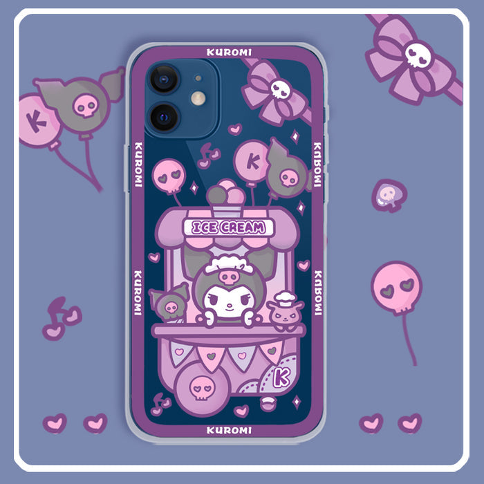Cute Phone Case with Shock Protection: purple, lavender Kuromi character with ice cream stand theme, kawaii cartoon style
