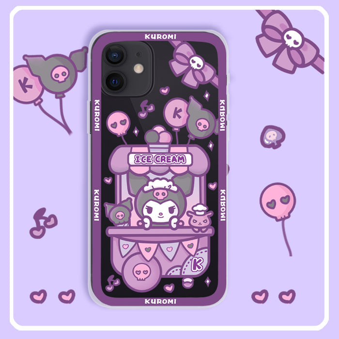 Cute Phone Case with Shock Protection: purple, lavender Kuromi character with ice cream stand theme, kawaii cartoon style