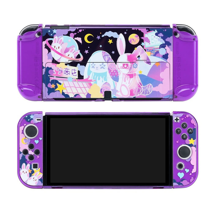 Cute Purple Switch OLED Case: purple, pink cartoon rabbits in a space-themed scene, kawaii cartoon style