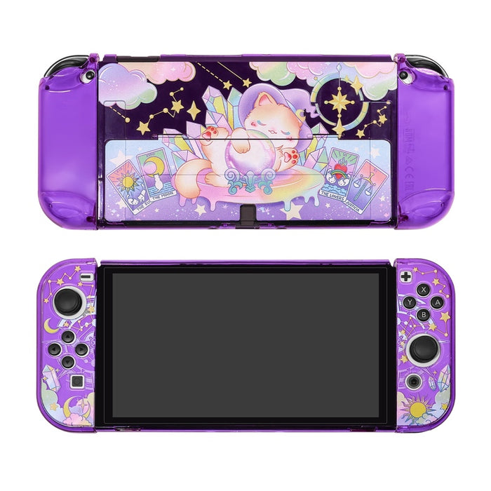Cute Purple Switch OLED Case: purple, pink cartoon rabbits in a space-themed scene, kawaii cartoon style
