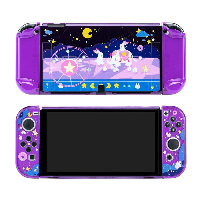 Cute Purple Switch OLED Case: purple, pink cartoon rabbits in a space-themed scene, kawaii cartoon style