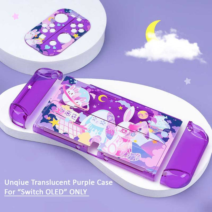 Cute Purple Switch OLED Case: purple, pink cartoon rabbits in a space-themed scene, kawaii cartoon style