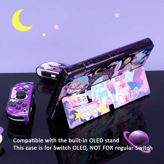 Cute Purple Switch OLED Case: purple, pink cartoon rabbits in a space-themed scene, kawaii cartoon style