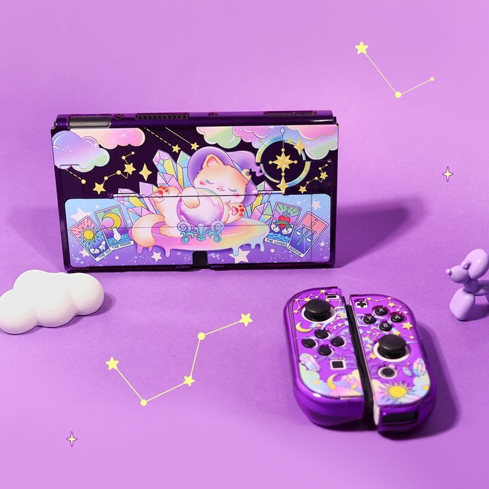 Cute Purple Switch OLED Case: purple, pink cartoon rabbits in a space-themed scene, kawaii cartoon style
