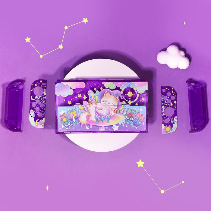 Cute Purple Switch OLED Case: purple, pink cartoon rabbits in a space-themed scene, kawaii cartoon style