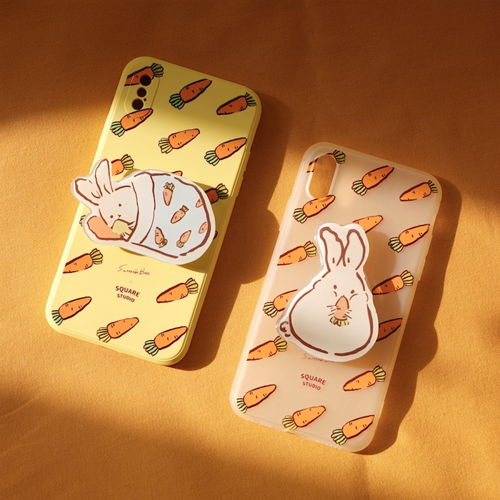 Cute Rabbit Phone Holder Stand: cream, yellow rabbits and carrots, cute cartoon kawaii style