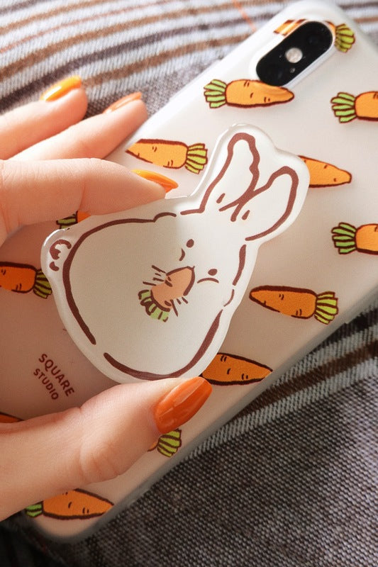 Cute Rabbit Phone Holder Stand: cream, yellow rabbits and carrots, cute cartoon kawaii style
