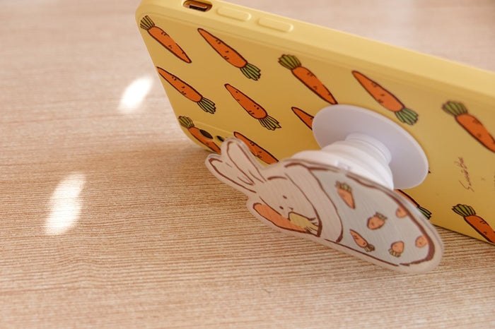 Cute Rabbit Phone Holder Stand: cream, yellow rabbits and carrots, cute cartoon kawaii style