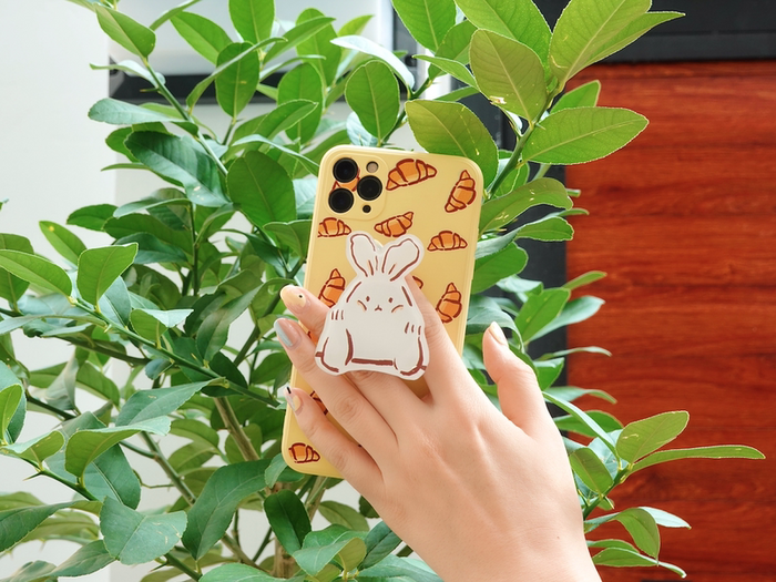 Cute Rabbit Phone Holder Stand: cream, yellow rabbits and carrots, cute cartoon kawaii style